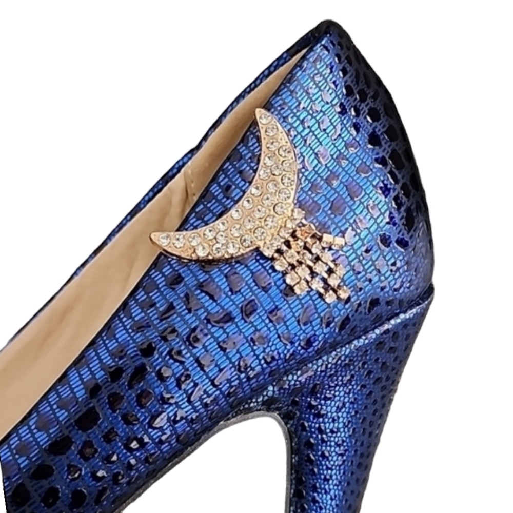 METALLIC COBALT BLUE VEGAN Platform Pumps 8 Heels Gold CZ Moon Charms Chunky - Picture 3 of 16